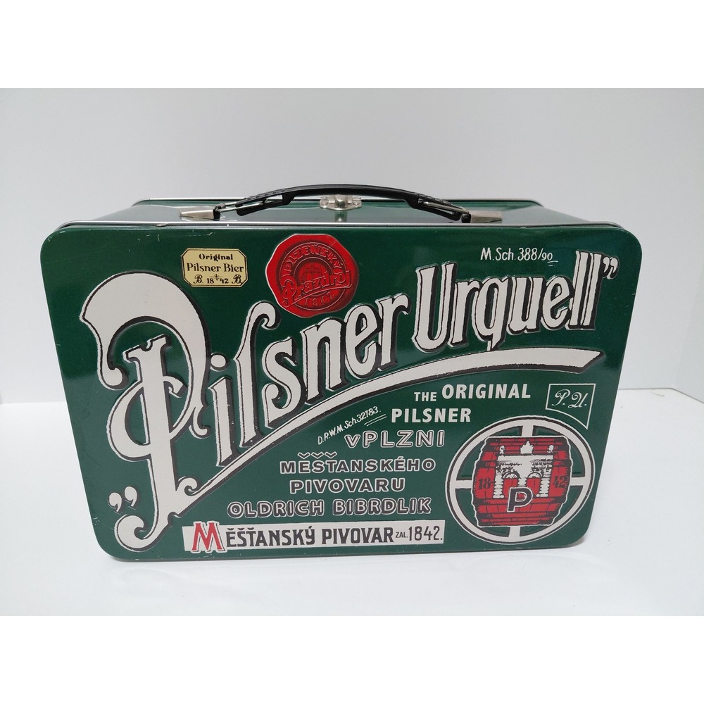 Pilsner Urquell Green Metal Tin Lunch Box Embossed Beer Collectible Storage Case